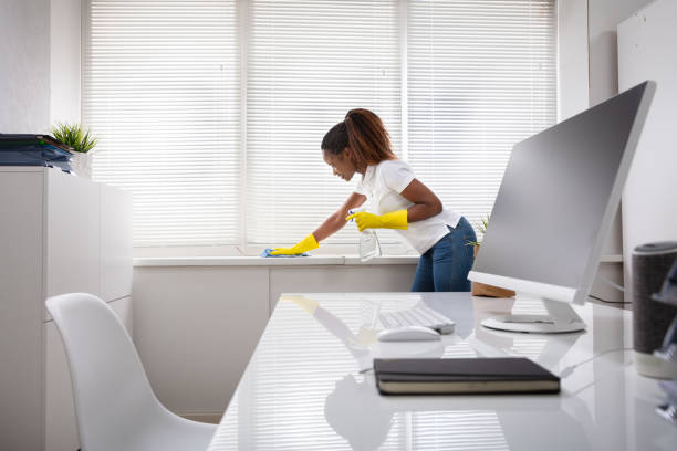Young Woman Cleaning The Window Sill With Napkin And Spray Bottle In Office